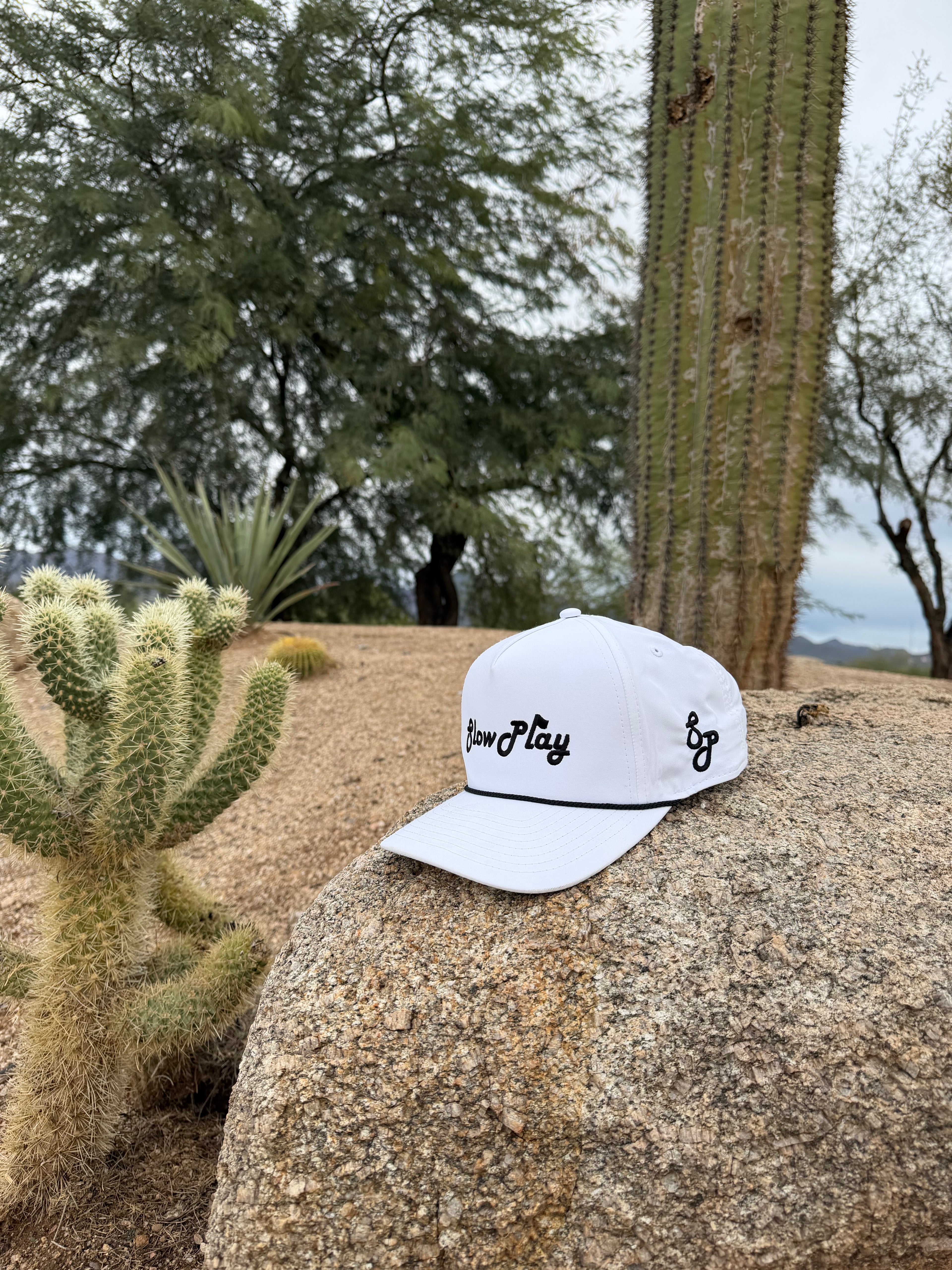 All White Slow Play Golfing Hat w/ Black Rope